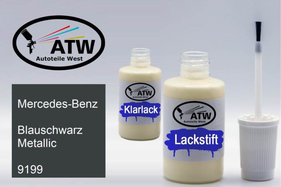 Mercedes-Benz, Blauschwarz Metallic, 9199: 20ml Lackstift + 20ml Klarlack - Set, von ATW Autoteile West.